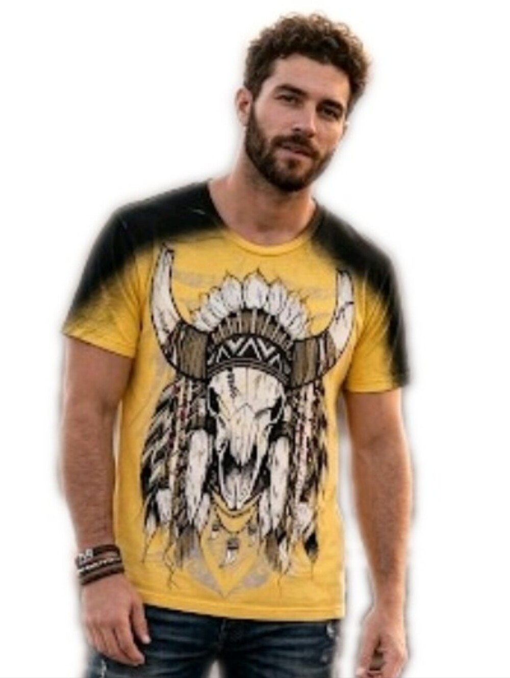 Konquest Men's Tribal Skull Design SS Tee In Blk/ Yellow Size Medium